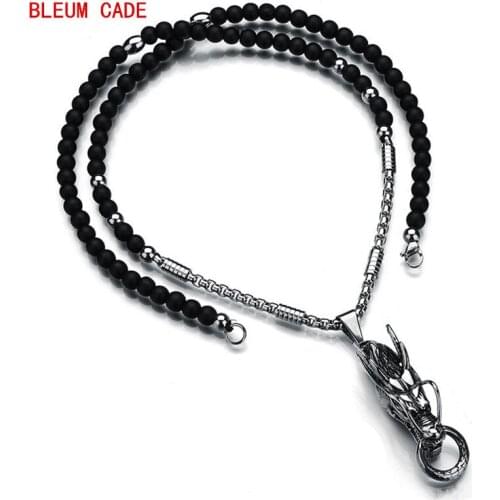 316L Stainless Steel Chinese Mythical Dragon Totem Pendant Necklace Beads Chain Punk Animal Head Lucky Jewelry for Men