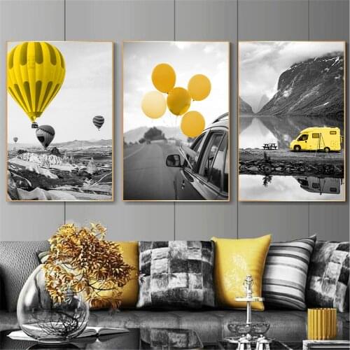 Nordic Hot Air Balloon Wall Art Poster Balloon Prints Car Mountain Lake Reflection Landscape Canvas Painting Modern Home Decor