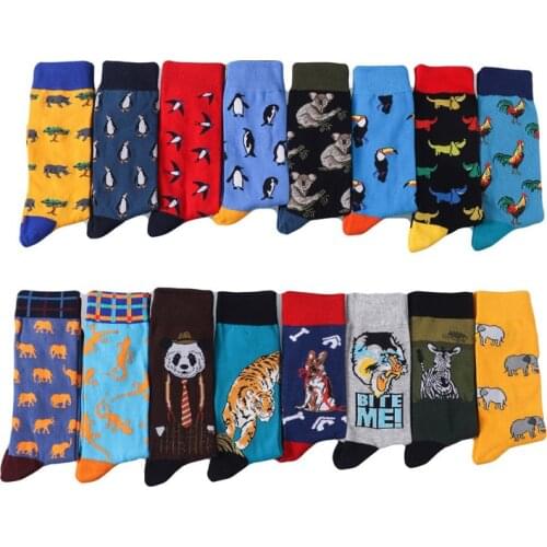 Hot Sale Funny Harajuku Men Casual Tube Cotton Cartoon Socks Animal Socks Penguin Rhino Elephant Tiger Japanese Skateboard Socks