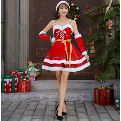 New Year Sexy Christmas Dress Women Adult Red Off Shoulder Party Dress Festival Clothes Chest Bow Velvet Santa Clause Costumes