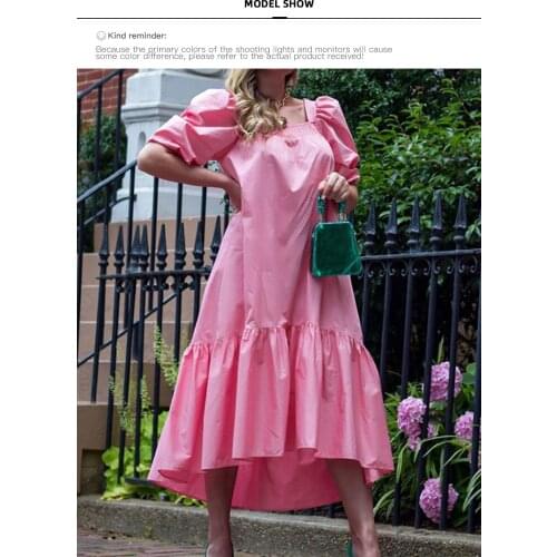 Homophony Womens Summer Dress 2021 Vintage Long Dress Elegant Square Neck Puff Sleeve Mid-calf Sundress Casual Ruffles