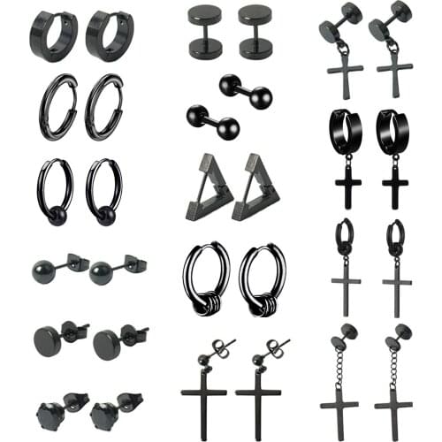 1 pair Punk Black 15 Multiple Styles Stainless/Titanium Steel Stud Earrings For Men Women Gothic Street Pop Hip Hop Ear Jewelry