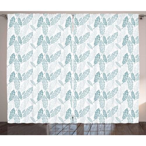 Feathered Boho Curtains Dusty Blue Plumage Pattern Satin Fabric Drapes for Living Room Bedroom 2 Panel Window Set