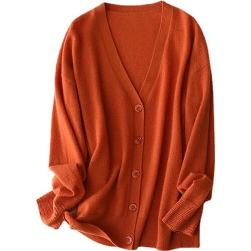 SHUCHAN 2021 Spring Knitted Cardigan Oversized Single Breasted Vintage V-Neck Sweters for Women Long Sleeve Tops Loose