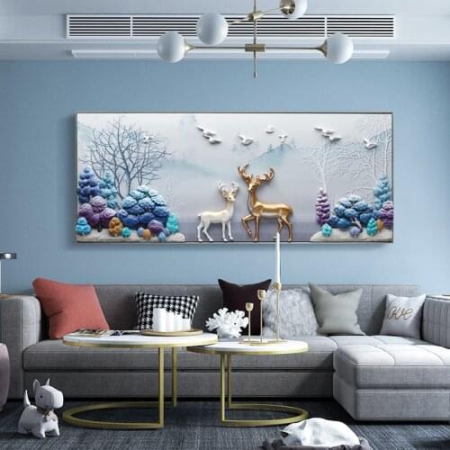 Modern Minimalist Living Room Decorative Painting Nordic 3d Embossed Mural Feng Shui Lucky Deer Bedroom Wall