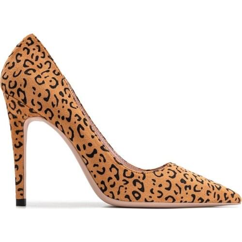 Spring sexy leopard print pointed toe suede all-match stiletto single shoes large size small size dress daily work womens shoes
