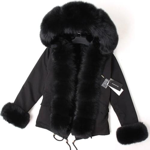 Maomaokong Black fox fur Collar winter coat women jacket Natural Fur Bunny Lined Jacket Coats