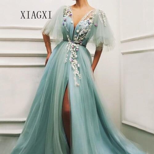 2020 New Mint Green Evening Dress Long 2020 Deep V-Neck 3D Flower Split A-Line Prom Dresses Evening Dresses Vestidos