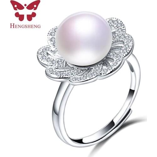 100% Real 925 Sterling Silver Rings Fresh Water White Pearl With AAA CZ Shiny Female Birthday Party Jewelry 10-11mm Big Pearl