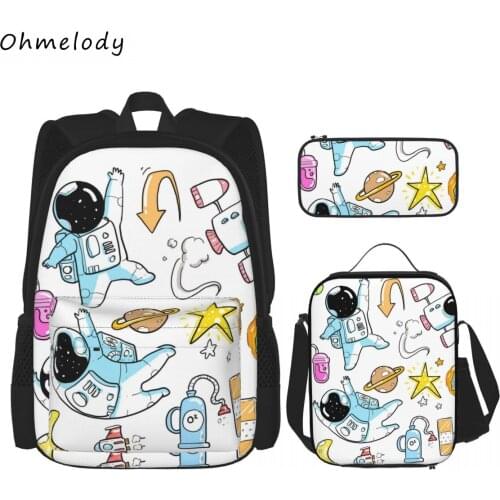 Doodle Astronauts 3PCS School Backpack with Lunch Bags Pencil Case Boys Girls School Bag Bookbag for Back to School Rucksack