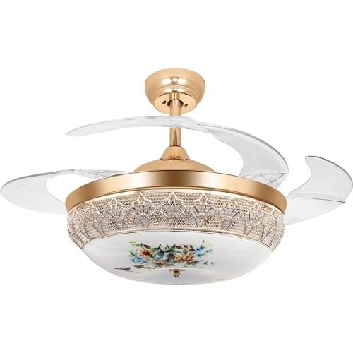42 Inch Invisible Crystal Ceiling Fan with LED Light and Remote, 4 Retractable ABS Blades Fan Chandelier for Bedroom Diningroom