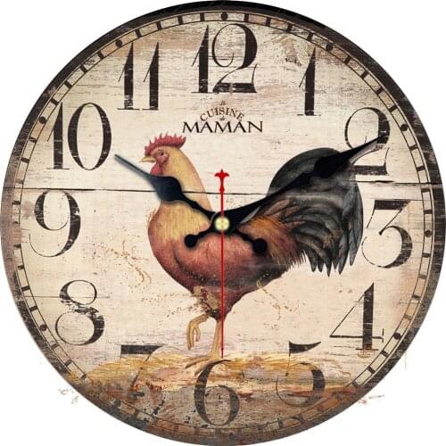 Vintage Retro Rust Flower Cock Clock Cafe Kitchen Wall Large Rooster Analog Clock Silent Non Ticking Arabic Numeral Wall Clocks