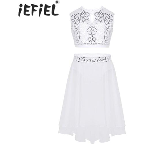 IEFiEL Children Ballerina Dancing Costumes Diamond Bra Top with Chiffon Tutu Skirt Dance Wear Gymnastics Leotard for Girls Kids