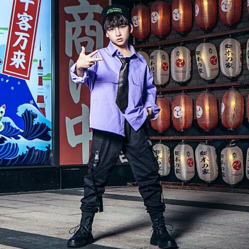 Kids Jazz Dance Costume Boys Street Dance Clothing Girls Hip Hop Suit Purple Tops Black Pants Teen Catwalk Show Clothing DWY5318