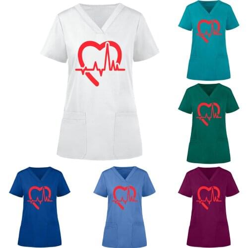 Nurse Uniform Women Short Sleeve V-neck Love Print Tops Working Uniform Solid Color Pocket Overalls Blouse медицинская одежда q5