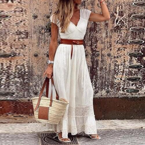 Elegant V-Neck Short Sleeve Long Dress Summer Fashion Embroidery Lace Party Dress Autumn Women Casual Beach Maxi Dress Vestidos