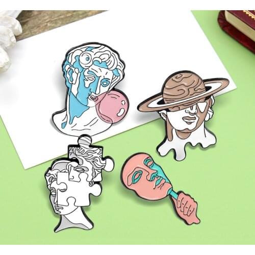 Sculpture Art Enamel Pins Custom Jigsaw Mask Split Head Statue Fun Art Brooches Bag Clothes Lapel Badge Jewelry Gift for Friends