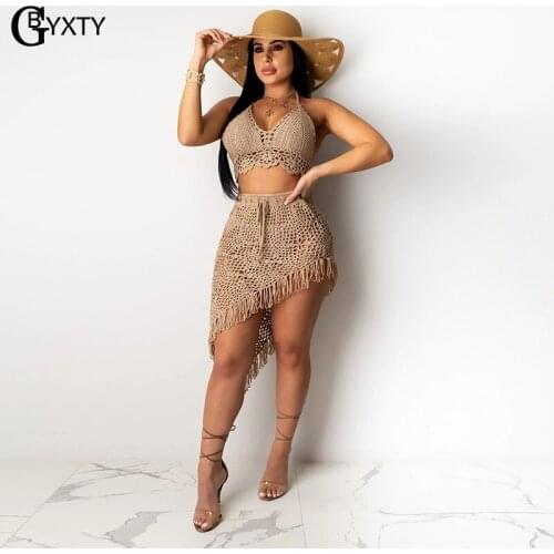 GBYXTY Summer Beach Crochet Hollow Out 2 Piece Set Women Knitted Swimwear Bathing Suit Bra Tops and Tassel Skirt Outfits ZL838