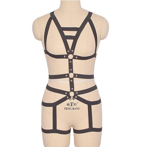 HANAERNES Top Crop Sexy Goth body chain harness Elastic Harness Cage Bra Chain Cupless Bandage Body Crossing Harness Bottoms