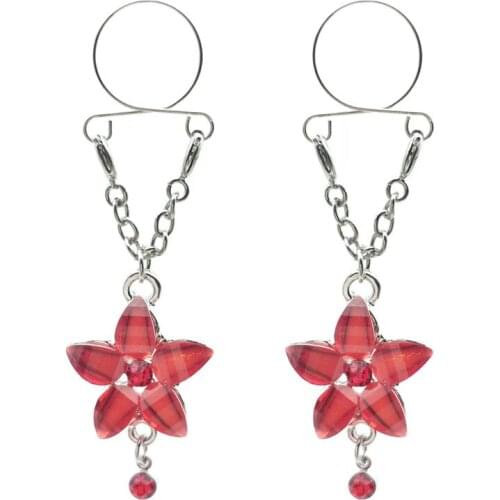 Stainless Steel Red Flower Non pierced Clip On Nipple Rings Women Fake Nipple Ring Piercing Dangle Adjustable Sexy Body Jewelry