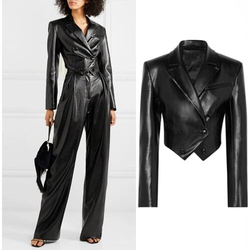New black double breasted pu leather jackets Women soft glossy shiny Leather Jacket Punk Rock Cropped Jackets F2366 dropship