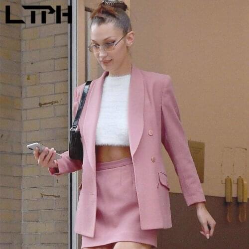 LTPH Pink Office Lady Outfits Women 2 Pieces Set Double breasted Blazer jacket High Waist Package Hip skirt Suits 2021Spring New