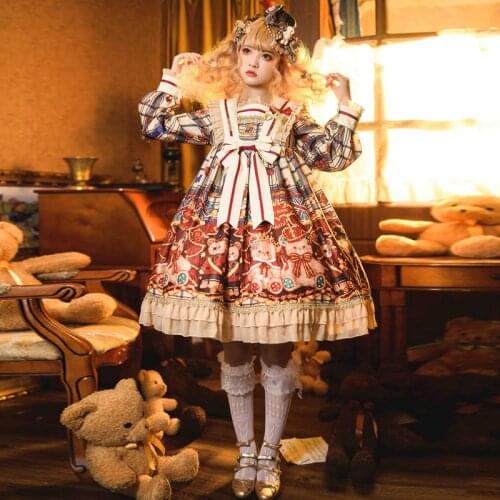 Kawaii Vintage Bear Lolita Dress 2021 Autumn Winter Long Sleeve OP Dress Vestidos Female Midi Sweet Cute Bow Ruffle Lolita Dress
