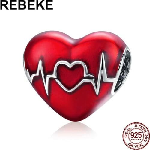 New red enamel heart beads Heartbeat of Love charm fit bracelet bangle making women jewelry 925 sterling silver pendant DIY gift