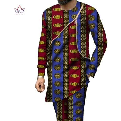 Autumn African Mens Pant Set Traditional Top and Trousers Set Dashiki African Wax Print Clothing Plus Size Pant Suits WYN950