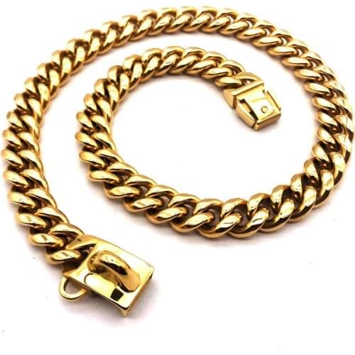 Small Middle Large Dog Collar Stainless Steel 14mmPet Necklace P Chain Gold for French Bulldog Pitbull