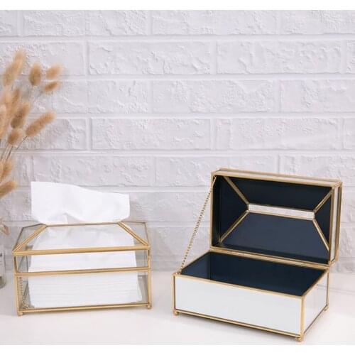 Rectangular Brass Glass Facial Tissue Box Napkin Holder Clear / Mirror Type for Home Office, Car Automotive Decoration