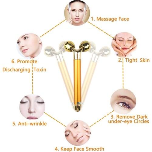 3D Roller Slimming Face Care 24k Gold Facial Wrinkle Lift Bar Beauty Equipment Facial Massager Vibration Energy Bar Y Shape