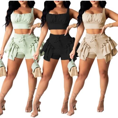 Sexy Womens Suit Summer Two-piece Casual Set Solid Color Square Collar Sleeveless Crop T-shirt Shorts Black Light Green Beige