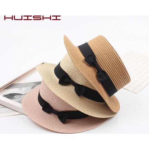HUISHI Straw Hat Colorful Bowtie Parent-child Panama Cap Women Girls Sun Hat Beach Ladies Fashion Flat Brim Summer Caps Straw