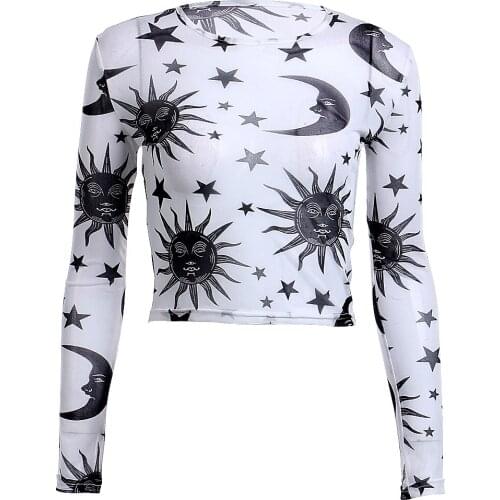 Fashion Women Sheer Mesh Fish Net Long Sleeve O Neck See Crop Top T Shirt Blouse