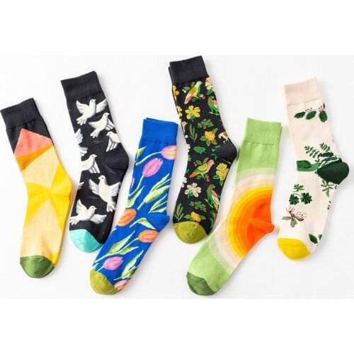 Harajuku Women Cotton Socks Birds Flowers Sketch Fashion Funny Color Hip-Hop Street Spring Casual Crew