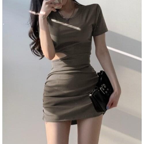 INS European and American style 2021 new womens skirts solid color basic side waist hollow pleated hip dress waist short skirt