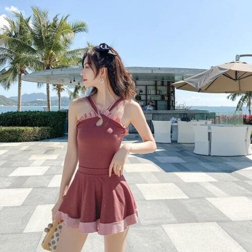 2021 New Korean Solid One Piece Swimsuit Women High Cut Strap Push Up Padded Monokini Bathing Suit Bodysuit Swimwear Skirt