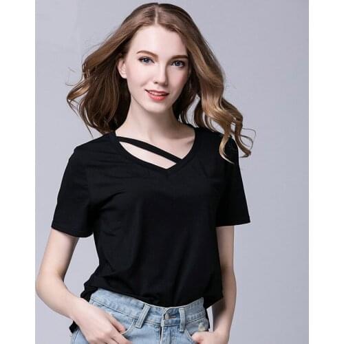 100% Cotton Pure Color Loose V Neck Short Sleeve T Shirts Summer New Loose European Style Casual Quality Design Women Tops 1409