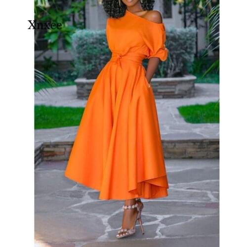 2021 Casual Long Women Dress Summer One Shoulder Sexy Street Travel High Waist Robe Ladies Big Swing Evening Elegant Day Orange