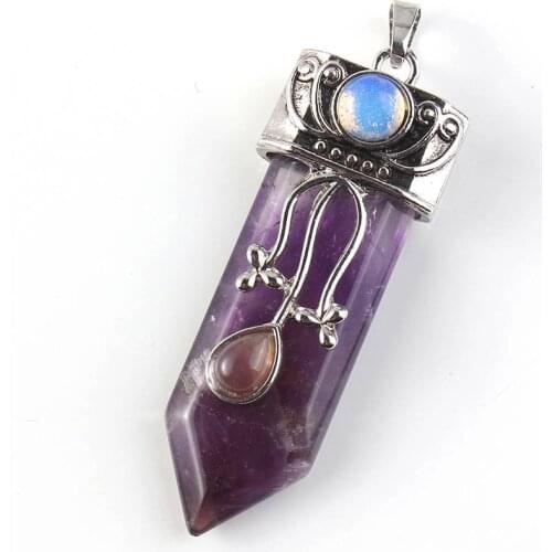 100-Unique Silver Plated Natural Purple Amethysts Stone Sword Shape With Leaf Flower Pendant For Gift