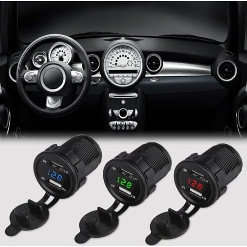 Dual USB Car Charger 2.1A 12V Voltmeter Voltage Meter Led USB Auto Charger Power Adapter Socket with voltage Boat Motorcycle