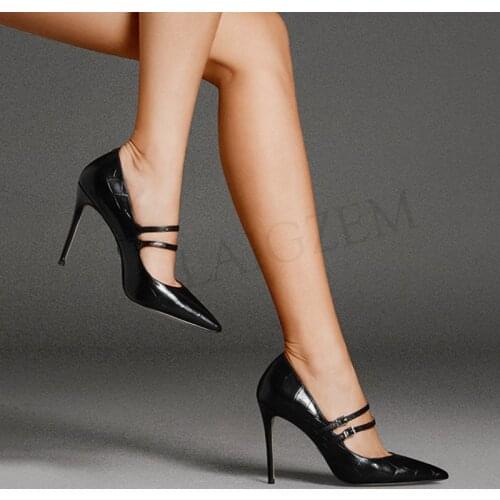 BERZIMER Crocodile Women Heels Pointy Toe Mary Janes Heel Pumps 2020 Party Prom Zapatos Ladies Shoes Woman Large Size 43 44 45