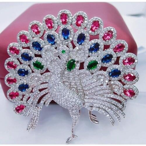 Big Peacock Brooches For Women Wedding Bouquets Clip Scarf Buckle Hijab Pins Multi-color Stones Brooch Luxury Wedding Accessory