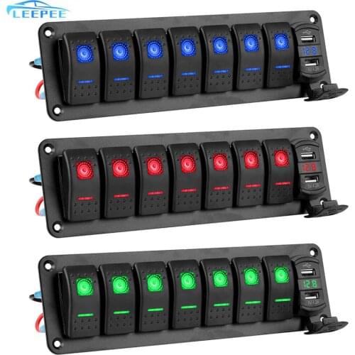 Car Truck Bus Ship Marine Circuit Breaker DC 12V/24V Digital Voltmeter Dual USB Chargers 7 Gang Rocker Switch Panel