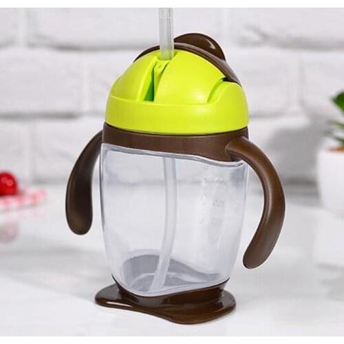 Babys Learning Drinking Sippy Cups Feeding Water Bottle Handles Kids Cute Cartoon PP Straw Leakproof Cup 300ml