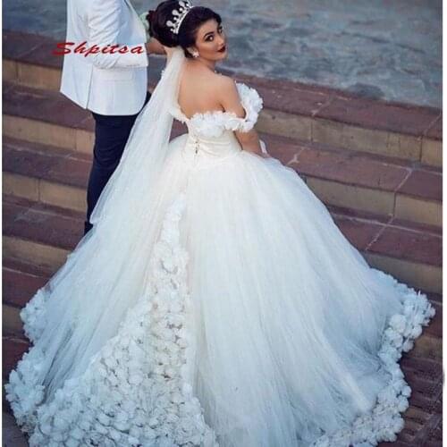 Elegant Ball Gown Wedding Dresses Plus Size White Ivory Flowers Wedding Gowns Bridal Bride Dresses