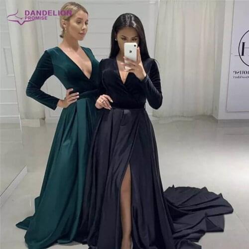 Elegant Velvet A-Line Long Sleeves Evening Dress for Women 2021 Sexy V Neck Satin Side Slit Formal Party Prom Gowns