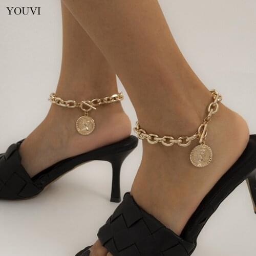 YOUVI Goth Bracelet on the Leg Portrait Coin Pedant Anklets for Women Jewelry 2021 Trend Free Shipping Woman Anklets Accessories