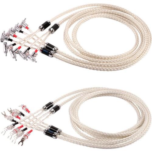 Hi-end Pair HiFi 16 Cores OCC Silver Plated with Banana Plug Y Spade Plug Audio Cable Loudspeaker Wire HiFi